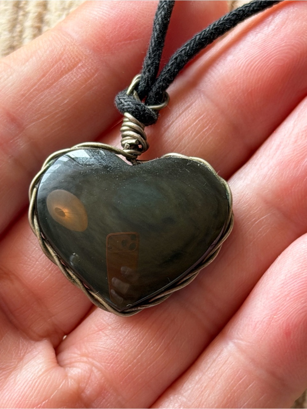 Heart Pendant Necklace - Black Cord with Dark green agate Iridescent Heart